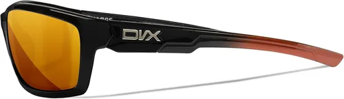 Vista 4 de DVX Charge - Lentes de sol – ANSI Z87.1 – Lentes de espejo naranja con montura negra brillante con puntas naranjas, gafas de seguridad que cumplen