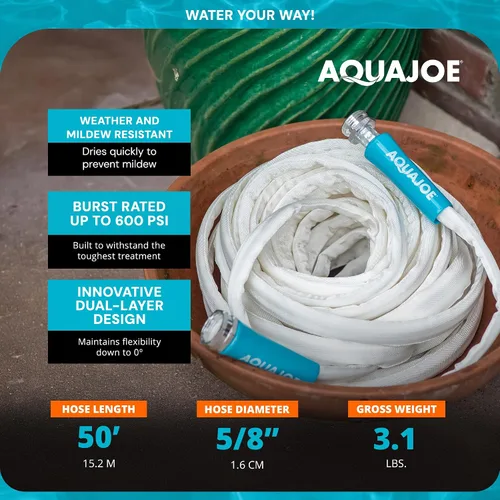 Vista 3 de Aqua Joe AJFJH50-58-RV - Manguera de agua para autocaravana con chaqueta flexible de fibra de grado marino, 50 pies, herramienta de riego