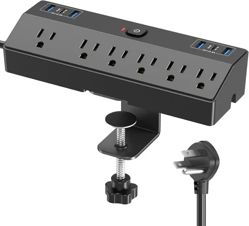 Vista 10 de JXGUCAT - Regleta de alimentación con abrazadera de escritorio con estación de carga rápida de 40 W, enchufe plano de 10 pies, protector contra