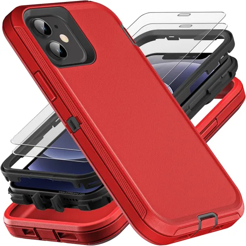 Vista 10 de YKHJKLEC Funda para iPhone 12 Mini, grado militar 3 en 1, resistente a los golpes, a prueba de caídas, polvo con 2 protectores de pantalla de vidrio