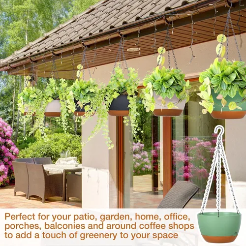 Vista 5 de Mumufy 6 macetas colgantes de 8 pulgadas para plantas de interior y exterior, macetas colgantes de plástico con orificio de drenaje y platillo