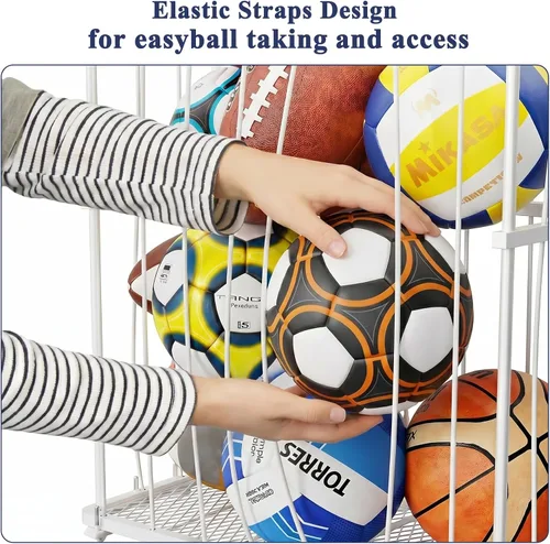 Vista 3 de Garage Ball Storage, Wall-Mounted & Floor Ball Holder with Elastic Rope, Sports Equipment Organize Ball Rack for Basketball, Soccer, Volleyball