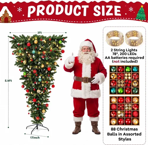 Vista 2 de Blueweenly Árbol de Navidad invertido de 5.9 pies con 88 bolas y luz cálida