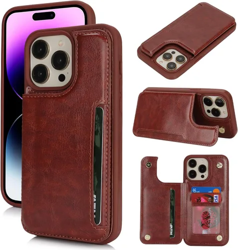 Vista 14 de iCoverCase Funda protectora de piel sintética compatible con iPhone 14 Pro Max con soporte para tarjetas, funda tipo cartera para mujeres y hombres