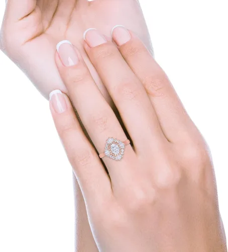 Vista 7 de Blue Apple Co. Art Deco - Anillo de compromiso ovalado de boda con halo de boda y circonita cúbica redonda de plata de ley 925