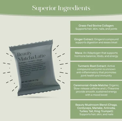 Vista 6 de Polvo de Latte de Matcha Beauty de Kroma, 17g, 7 Porciones – Té verde matcha de grado ceremonial con colágeno para piel radiante y soporte capilar