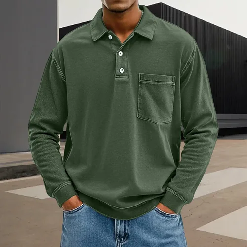Vista 2 de Polo de manga larga para hombre, con solapa, casual, a la moda, vintage, ligero, para exteriores, negocios, golf, gimnasio, camisetas
