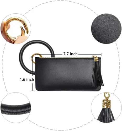 Vista 2 de Llavero-brazalete, brazalete de cuero con borla para mujer, Negro 3
