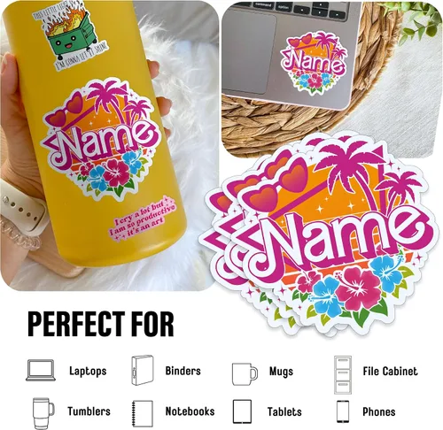 Vista 3 de Adhesivo retro personalizado con nombre personalizado, muñeca rosa, nombre de princesa, vacaciones en la playa, impermeable, transferencia UV DTF