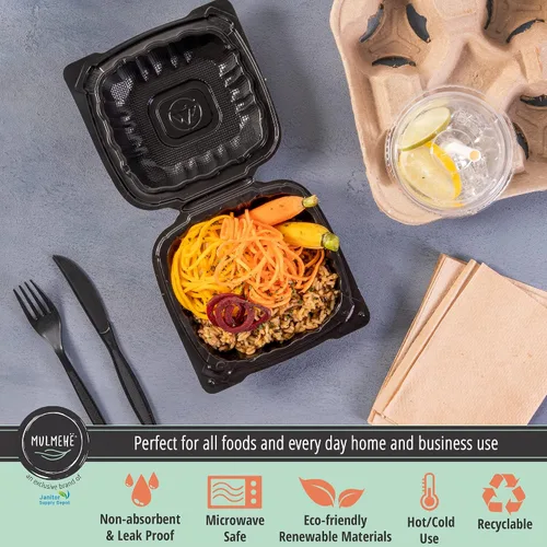 Vista 4 de MULMEHË Recipientes de comida para llevar con bisagras de plástico de polipropileno relleno mineral ecológico, 6 x 6 x 3, compartimento único