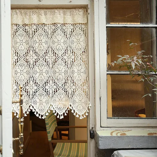 Vista 2 de Cenefa de cortina de ganchillo bohemio para ventana de cocina, retro, rústico, de algodón, con encaje, corta, bolsillo para barra con borlas