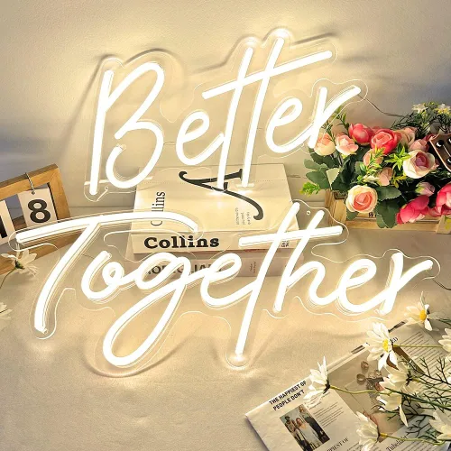 Vista 2 de Divatla Letrero de pared de neón blanco cálido "Better Together" para decoraciones de boda, fondo de 16''*9'' y 23''*9'', decoración de pared