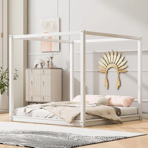 Vista 10 de Base de cama Queen con patas de toldo, plataforma de madera, soporte de listones de madera, no necesita somier Natural