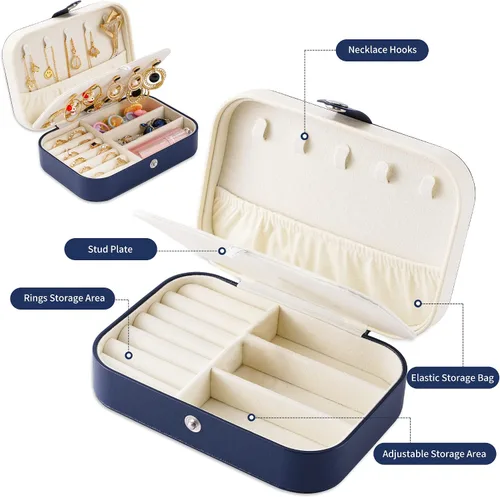 Vista 4 de Joyero de viaje, organizador de joyas pequeño de piel sintética para mujeres y niñas, mini estuche de viaje portátil de doble capa, cajas