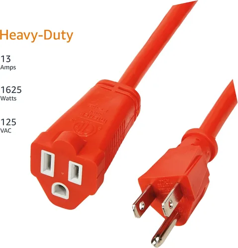 Vista 2 de Amazon Basics Cable de extensión de 50 pies de 3 clavijas para interiores y exteriores, resistente, 13 amperios, 1625 vatios, 125 VAC, naranja