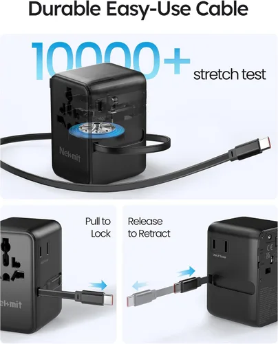 Vista 5 de Adaptador de viaje universal de 70 W, adaptador de corriente internacional Nekmit con cable de carga rápida USB C retráctil, enchufe de viaje de 6