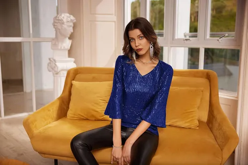 Vista 3 de GRACE KARIN Blusa de lentejuelas para mujer, manga 34 acampanada, cuello en V, brillante, metálico, brillante, brillante, para fiesta