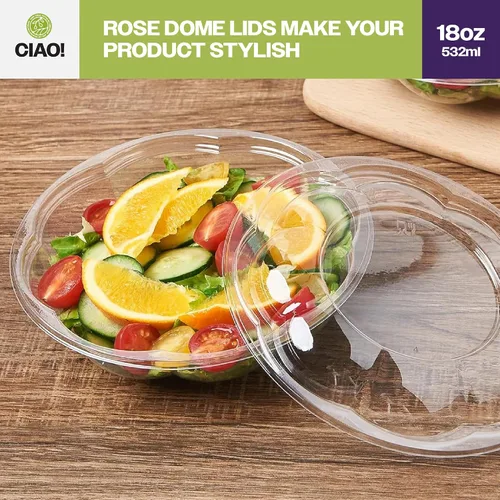 Vista 6 de CIAO! Tazón de fruta y ensalada PET transparente de 18 oz con tapa de cúpula rosa (150/caja)