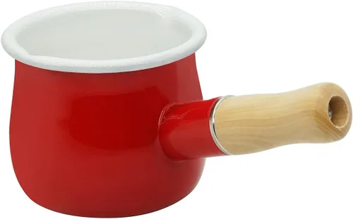 Vista 8 de Olla de leche esmaltada, olla pequeña para leche, calentador de mantequilla de 4 pulgadas, 17 onzas, sartén pequeña esmaltada con mango de madera