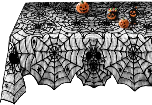 Vista 9 de Camino de mesa de Halloween, tela de araña de encaje negro, para decoración de Halloween, fiesta, decoración de mesa de comedor, 18 x 72 pulgadas