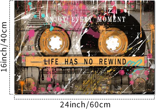 Vista 6 de KREATIVE ARTS Lienzo de arte callejero vintage con graffiti retro, cinta de cassette con cita de vida, arte de pared inspirador y motivacional