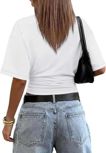 Vista 5 de Sampeel Camisetas cortas de verano 2026 a la moda, manga corta de murciélago, cintura fruncida, ajustadas, básicas, para salir, camisetas de moda