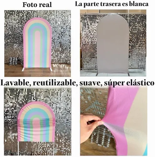 Vista 3 de Fundas de telón de fondo de tela con arco iris para fiestas Groovy Party Boho Pastel Rainbows, fundas elásticas para soporte de arco de cumpleaños