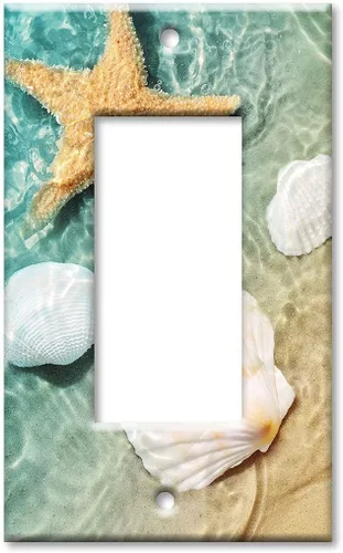 Vista 13 de Art Plates - Placa de interruptor de combinación de dos bandas - Toma de corriente - Palanca - Conchas de mar y peces estrella en piscina de mareas
