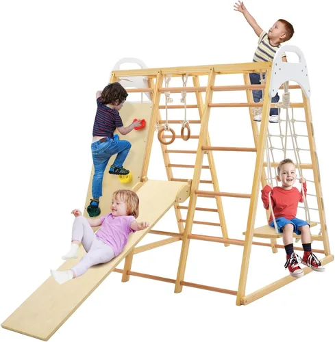 Vista 10 de GLACER 8 en 1 Jungle Gym, gimnasio de escalada interior de madera con tobogán, columpio Colorido