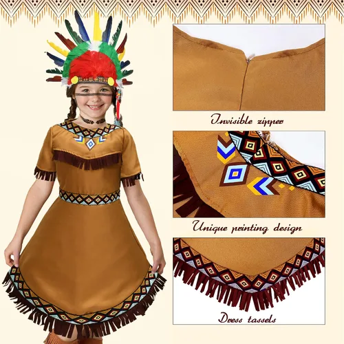 Vista 3 de Latocos 6 Pcs Girls Native American Costume Set Indian Princess Dress Outfit for Kids Cosplay Dress Up Pretend Play