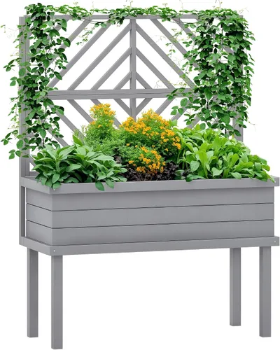 Vista 14 de Outsunny - Jardinera elevada de madera con estante de almacenamiento, orificios de drenaje y forro para el patio trasero, la terraza, el balcón, 47