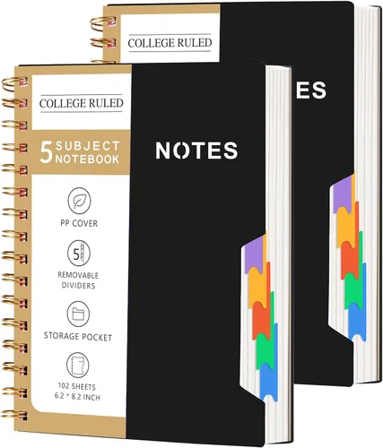 Vista 11 de CAGIE Cuadernos de espiral para trabajo escolar con pestañas divisorias extraíbles, cuaderno de 5 materias de 8.5 x 11 pulgadas, a rayas