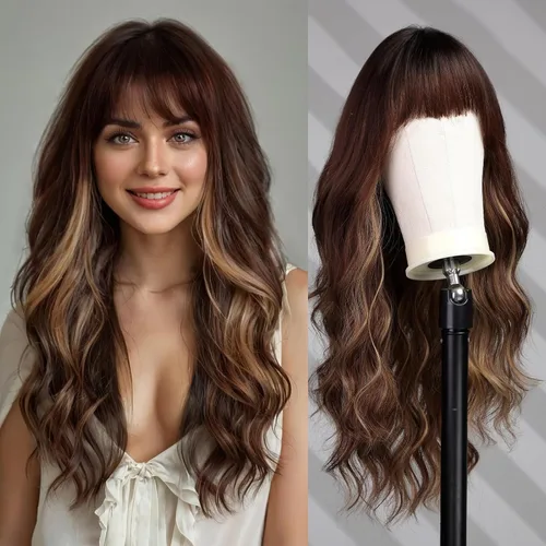 Vista 18 de Pelucas rubias cenizas para mujer, peluca larga recta en capas con flequillo, cabello sintético natural con raíces oscuras
