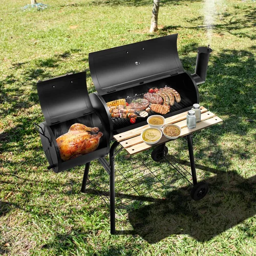 Vista 3 de Giantex Parrilla de carbón para barbacoa con ahumador desplazado, termómetro y amortiguador ajustable, ahumador para cocinar carne, ahumador