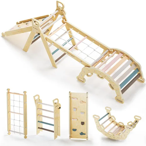 Vista 9 de BlueWood Pikler - Juego de triángulos 7 en 1 plegables, juguetes de escalada Montessori de madera con arco y rampa y escalera, escalador para bebés