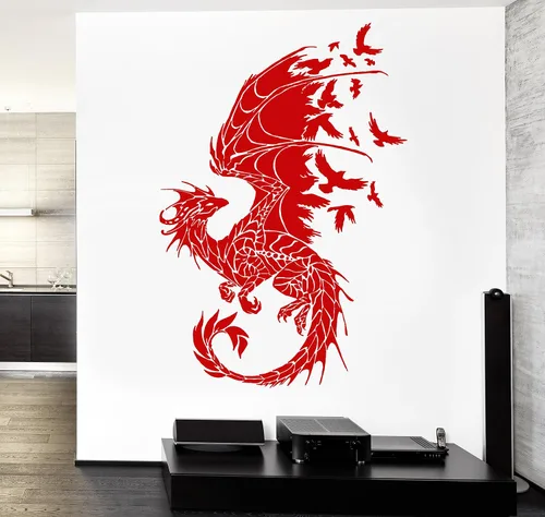Vista 4 de Vinilo adhesivo para pared, diseño de dragones, pájaros, fantasía, cuento de hadas, decoración gótica para dormitorio (z2514) M 22.5 x 35 pulgadas
