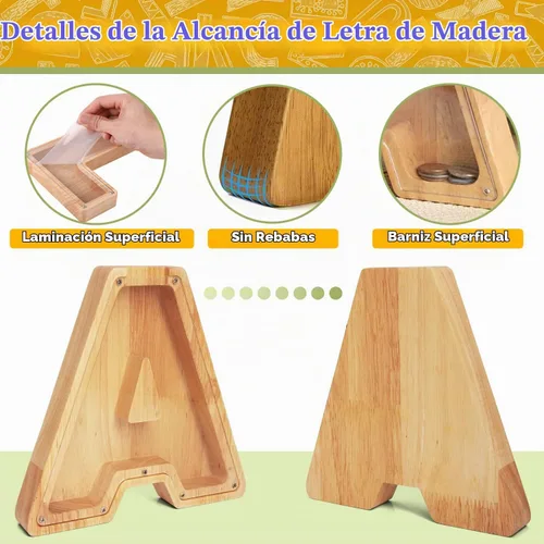 Vista 5 de Alcancía de Madera Personalizada con Letras del Alfabeto, Banco de Monedas con Letras del Alfabeto para Niños, Niñas y Bebés, Tamaño Grande, 26