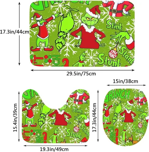 Vista 3 de YUABVABN El juego de alfombras de baño antideslizantes de 16 piezas The Grinch Stole de Navidad incluye tapete de baño tapete de contorno cubierta