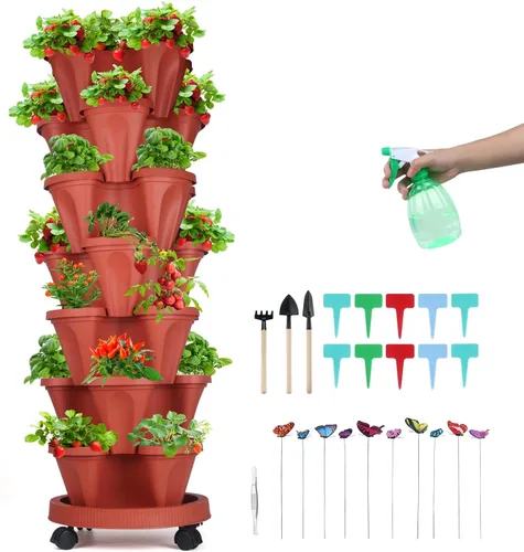 Vista 38 de GameXcel Torre de maceta vertical, macetas apilables de 3 niveles con ruedas y herramientas de jardín, macetas para plantas de fresa, hierbas