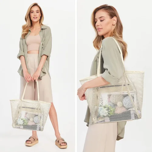 Vista 3 de Nausear Mesh Tote Beach Bag Womens Shoulder Handbag - Spacious, Durable, Breathable, Stylish, Multi-Purpose