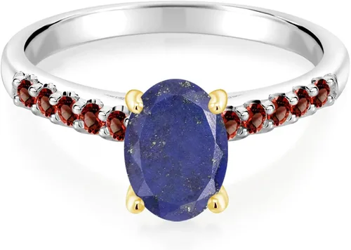 Vista 2 de Gem Stone King Anillo de oro blanco de 10 quilates ovalado azul lapislázuli rojo granate de 2.35 quilates con puntas de oro amarillo