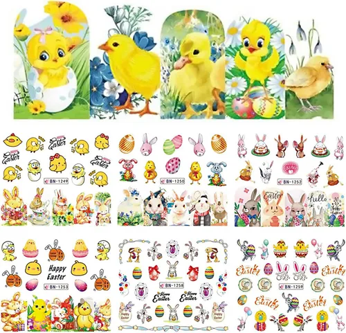 Vista 2 de 12 Hojas de Calcomanías para Uñas con Animales, Diseño de Conejos, Pollos y Patos, Calcomanías de Transferencia de Agua, Pegatinas de Arte