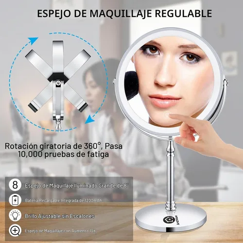 Vista 2 de Espejo de maquillaje iluminado de 8 pulgadas, espejo de maquillaje 10X con luces, espejo de aumento regulable de doble cara con luz, recargable