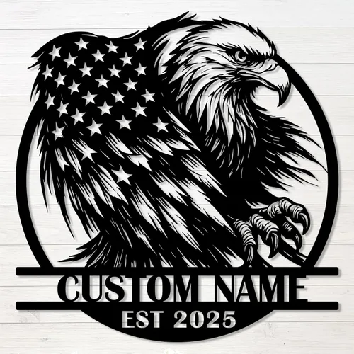 Vista 10 de Letrero de metal personalizado de águila y bandera estadounidense, arte de pared patriótico con nombre personalizado, decoración de hierro