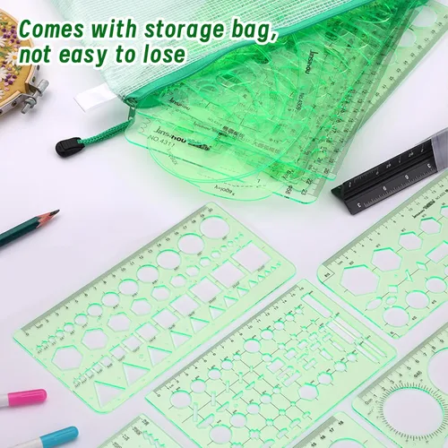 Vista 7 de 18 plantillas de dibujos geométricos, plantillas de dibujo, herramientas de dibujo, plantillas para dibujar, plantilla de dibujo con una bolsa