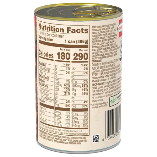 Vista 5 de HORMEL Chili Chile a base de plantas con frijoles (paquete de 12), 14 onzas, 0.78 oz de proteína por porción, sin gluten, sin huevos, sin lácteos