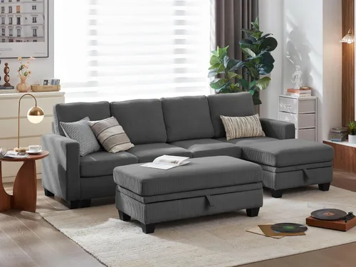 Vista 22 de CHIC HOUSE Sofá modular modular con otomanas de almacenamiento, sofá de pana para espacios pequeños y apartamentos, sofá esquinero convertible