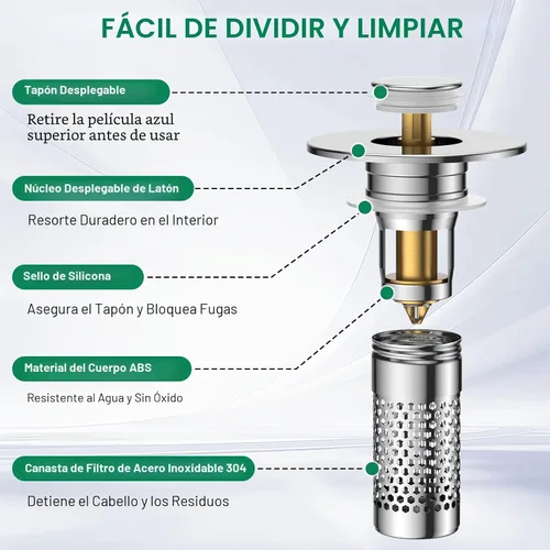 Vista 6 de Colador de Drenaje para Lavabo de Baño, Tapón Emergente Universal para Lavabo Recogedor de Pelo, Cesta de Filtro de Drenaje de Acero Inoxidable