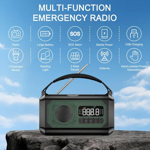 Vista 7 de Radio de emergencia de 12000 mAh, radio portátil de alerta meteorológica AM/FM/NOAA, manivela con linterna, lámpara de lectura, alarma SOS, cargador