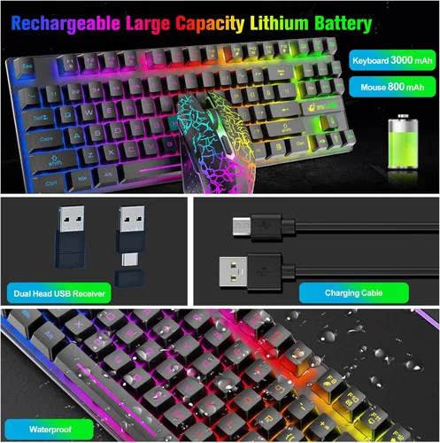 Vista 8 de Combo de teclado y mouse inalámbricos para juegos con retroiluminación LED arcoíris sin llave de 87 teclas, batería recargable de 3800 mAh, Negro